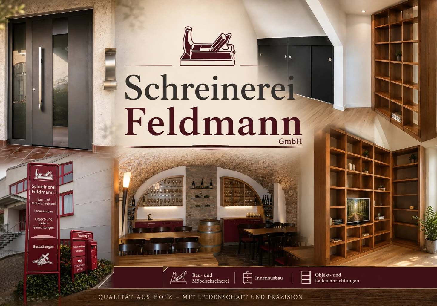 Firmenbild der Schreinerei Feldmann: Handhobel-Marke, der Claim „Qualität aus Holz — mit Leidenschaft und Präzision“ und Motive aus den Arbeitsbereichen