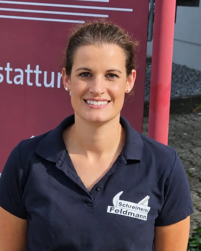 Annika Feldmann, Geschäftsführerin, im dunkelblauen Polohemd mit dem Zeichen der Schreinerei Feldmann vor dem roten Firmenschild
