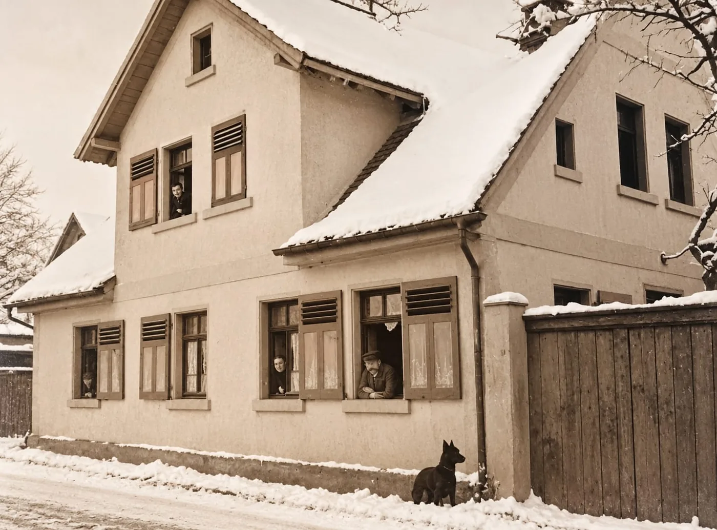 Historische Aufnahme vom ersten Standort in der Karlstraße: ein verputztes Haus mit Klappläden im Schnee, Menschen an den Fenstern
